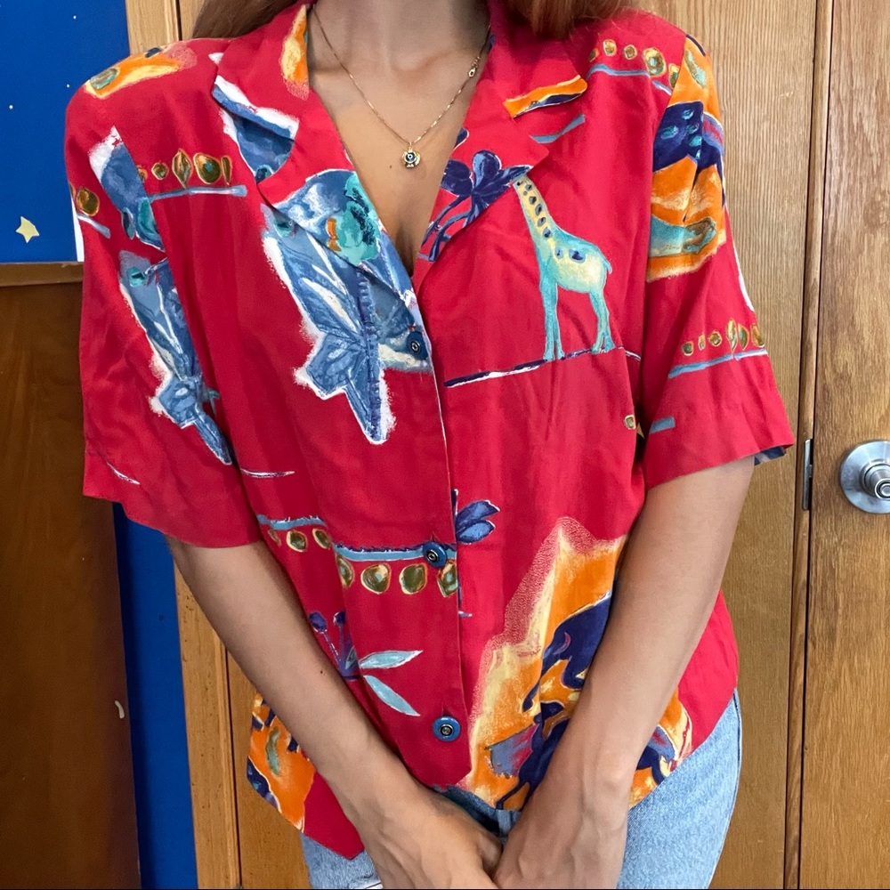 Vintage Jones Sport animal tropical print button down short sleeve shirt M